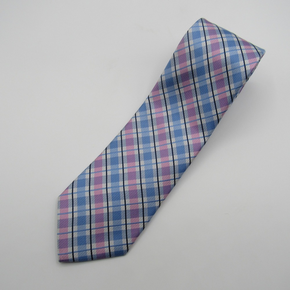 Nautica Necktie Mens One Size Blue Pink Excellent Plaid 100% Silk Business Tie